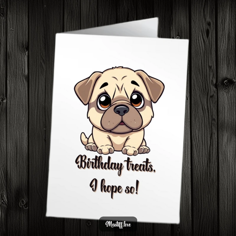 Funny Free Printable Kawaii Mastiff Birthday Card: A cute mastiff with wide, innocent eyes looks up with anticipation, ready for a downloadable gift.