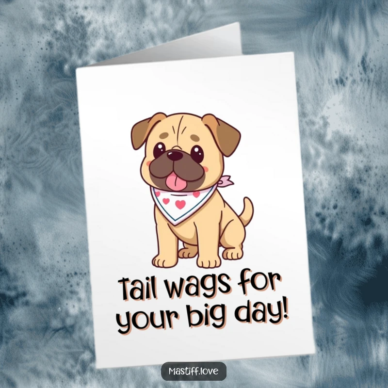 Funny Free Printable Kawaii Mastiff Birthday Card: A cute mastiff in a bandana wags its tail happily, ready for a downloadable gift.