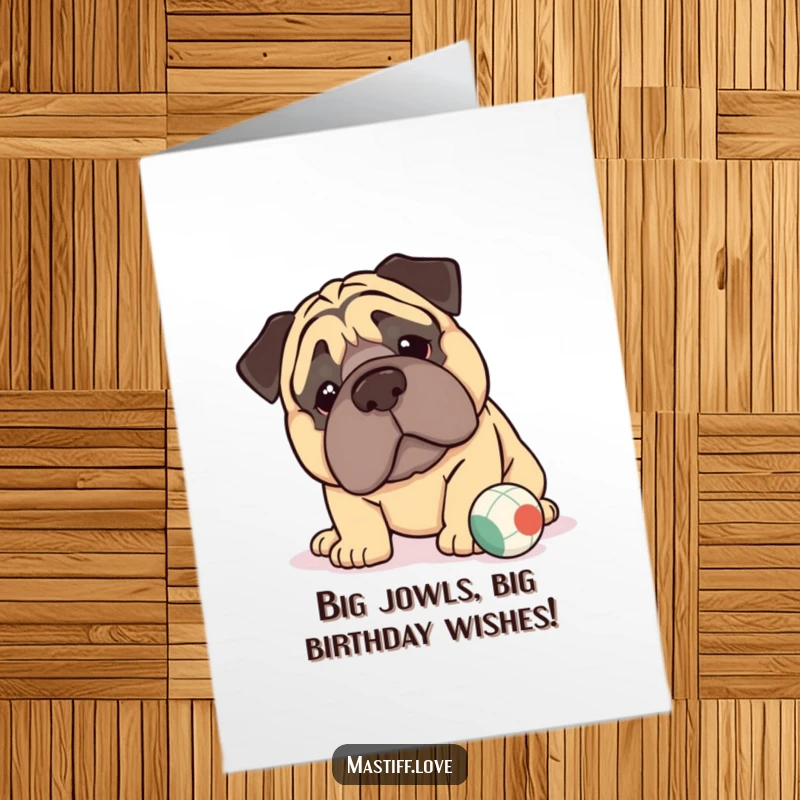 Funny Free Printable Kawaii Mastiff Birthday Card: A cute mastiff with huge jowls nudges a tiny ball, perfect for a downloadable gift.