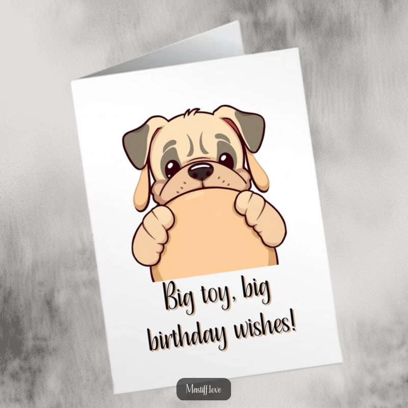 Funny free printable birthday card: Kawaii mastiff peeking from behind a huge dog toy, ready to party.