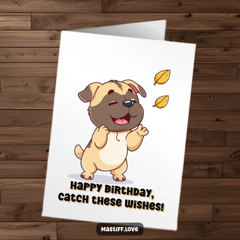 Funny Free Printable Birthday Card: A playful mastiff leaps to catch a falling leaf, full of autumn excitement. Download now!