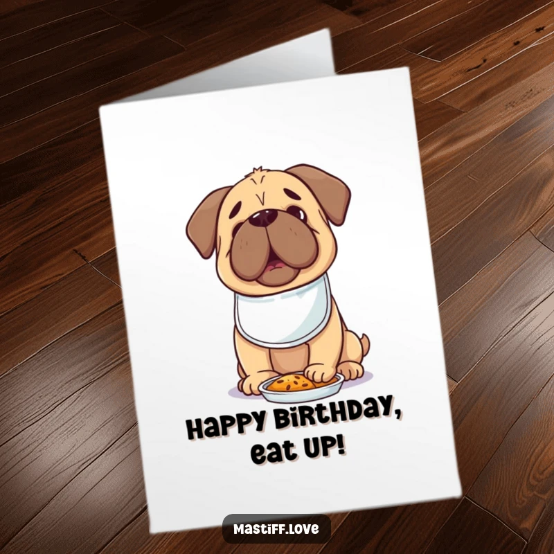 Funny Free Printable Foodie Mastiff Birthday Card: A kawaii mastiff in a bib, excitedly anticipating food.
