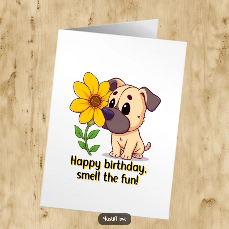 Funny Free Printable Birthday Card: A curious mastiff sniffs a large, vibrant flower, bringing sweet wishes. Download now!