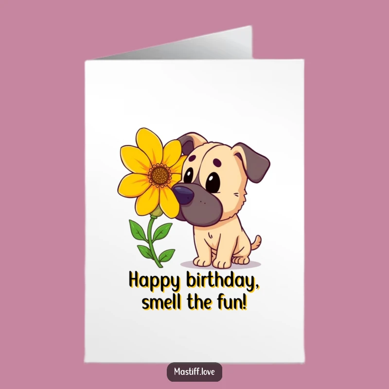 Free Printable Birthday Card: Curious Mastiff Flower Sniff, Fun Downloadable Gift