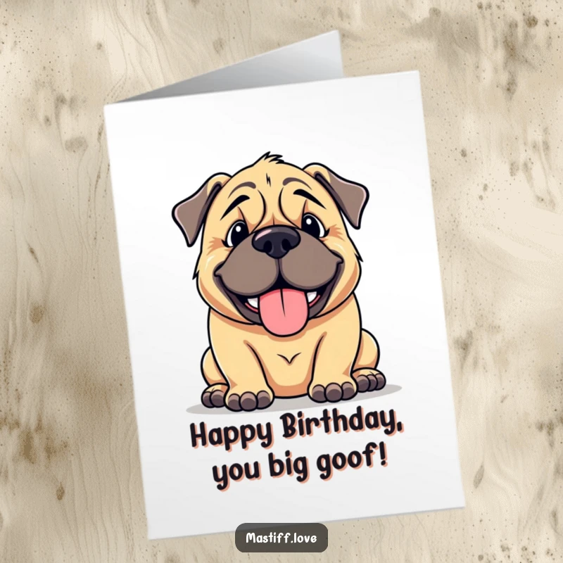 Funny Free Printable Birthday Card: A large, cuddly mastiff with a huge goofy grin panting happily, wishing a fantastic birthday.