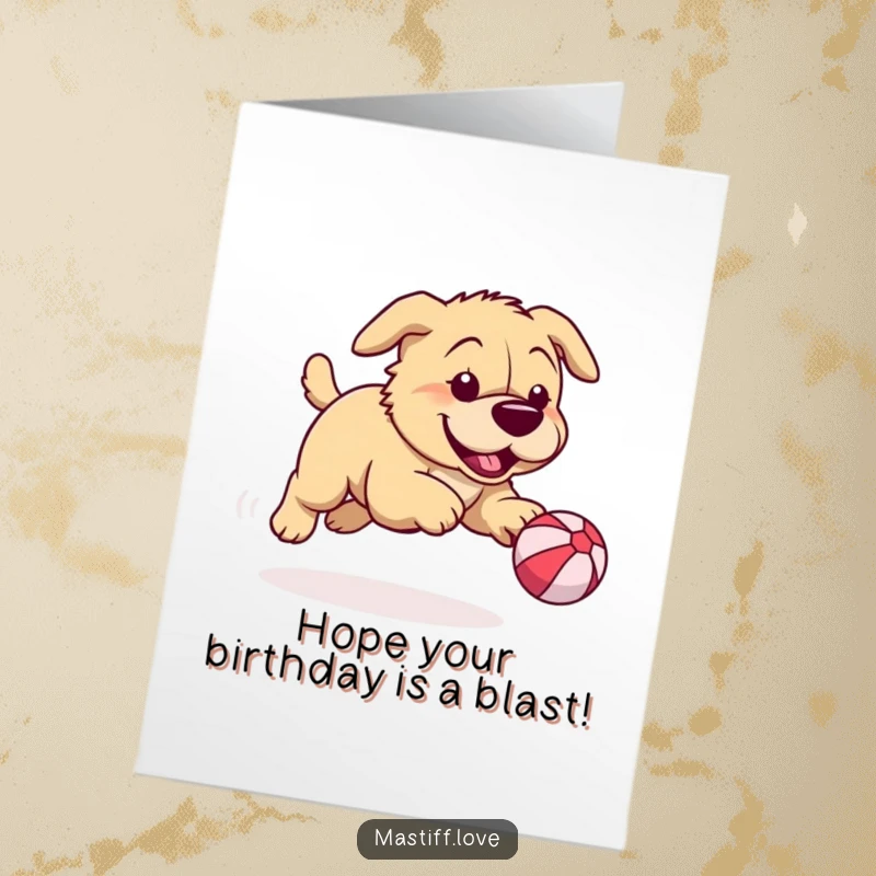 Funny Free Printable Birthday Card: A playful mastiff joyfully chasing a ridiculously small bouncy ball for a birthday surprise.