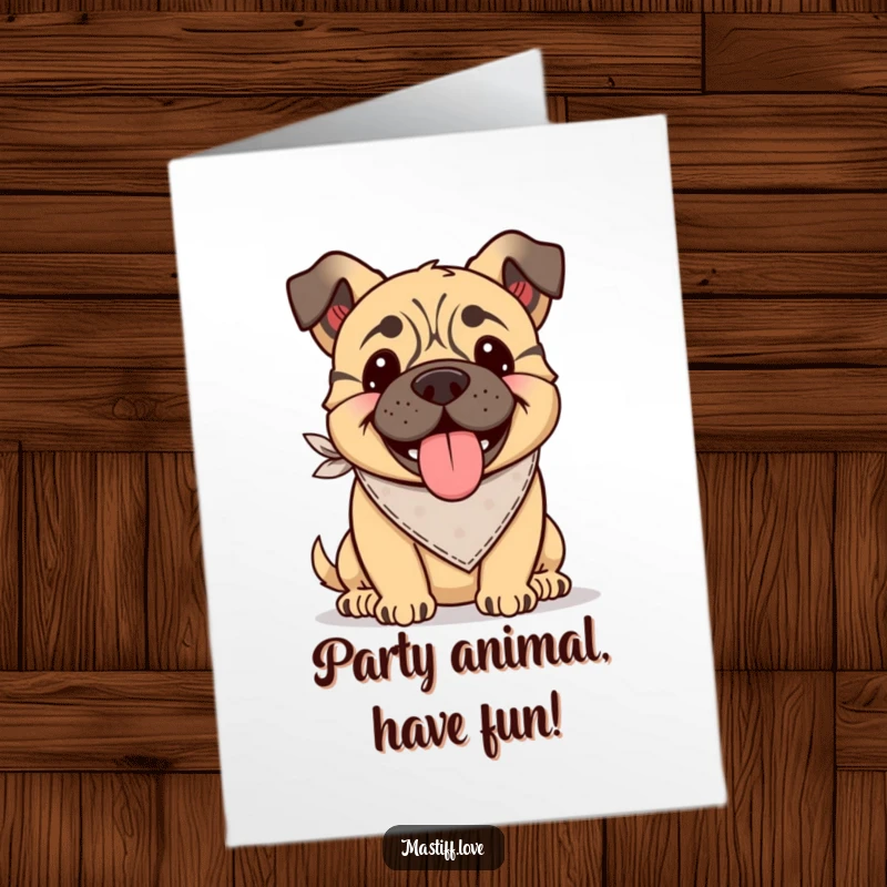 Funny Free Printable Birthday Card: Kawaii mastiff wearing a tiny bandana, tongue lolling out happily, celebrating a birthday with joy.
