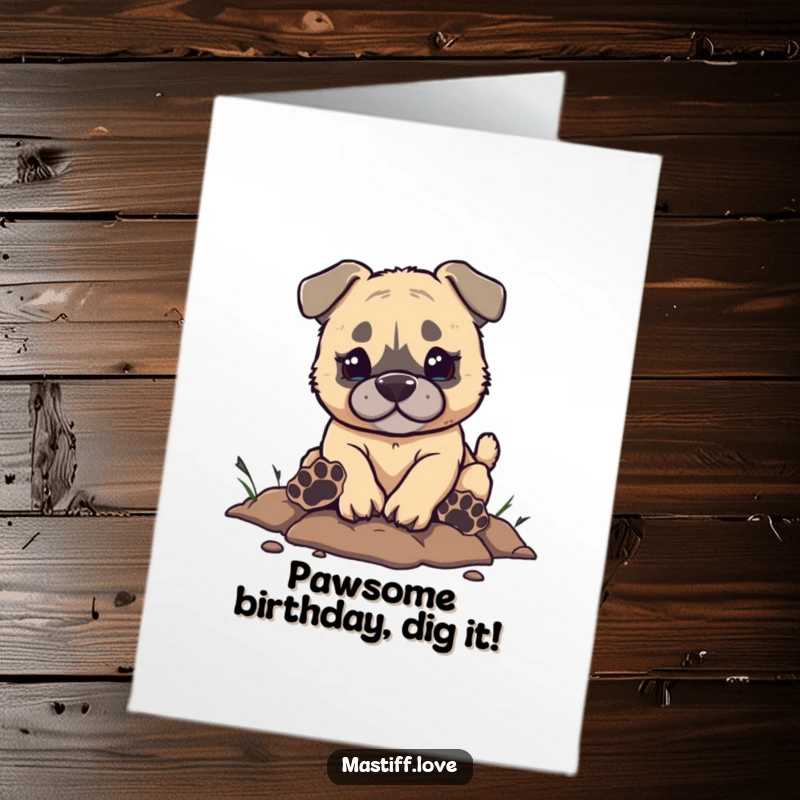 Funny Free Printable Birthday Card: A little mastiff joyfully digs with gigantic paw prints, ready to bury a surprise.