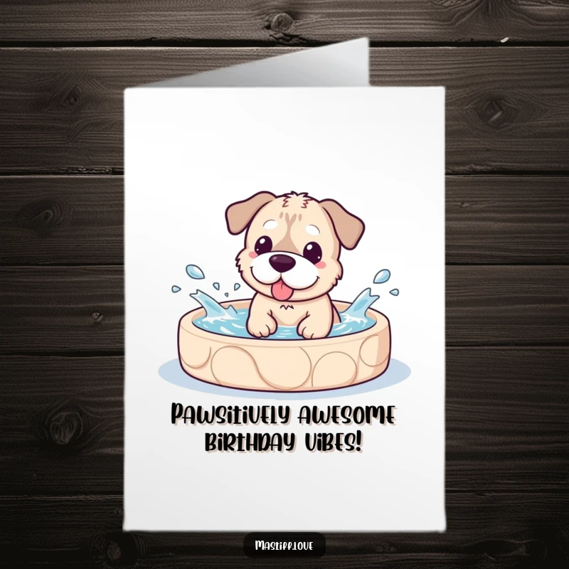 Funny free printable birthday card featuring a cute kawaii mastiff joyfully splashing in a bright blue doggy pool.