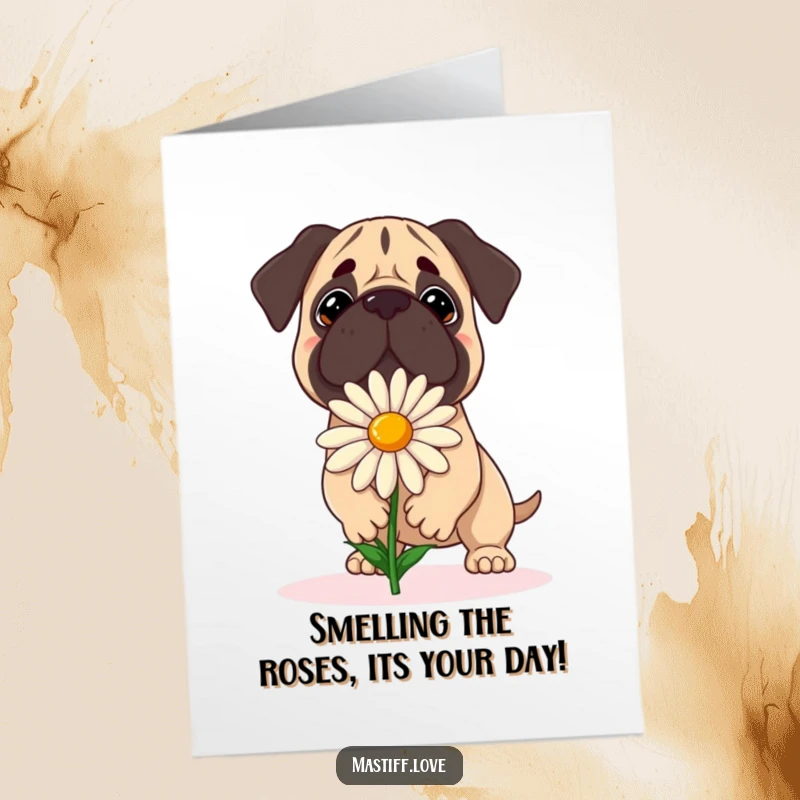 Funny Free Printable Birthday Card: A mastiff hilariously attempts to balance a single large daisy on its head.
