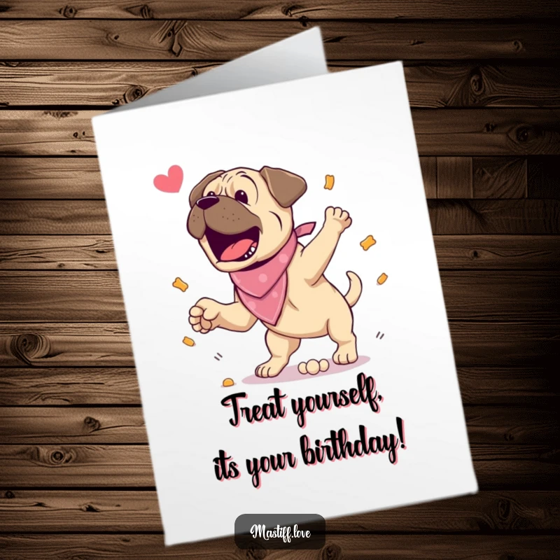 Funny Free Printable Birthday Card: An excited mastiff in a bandana leaps high for a delicious treat.