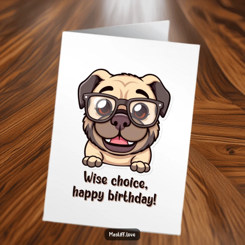 Funny Free Printable Birthday Card: Kawaii mastiff with a goofy grin, wearing oversized, comical glasses, wishing a happy birthday.