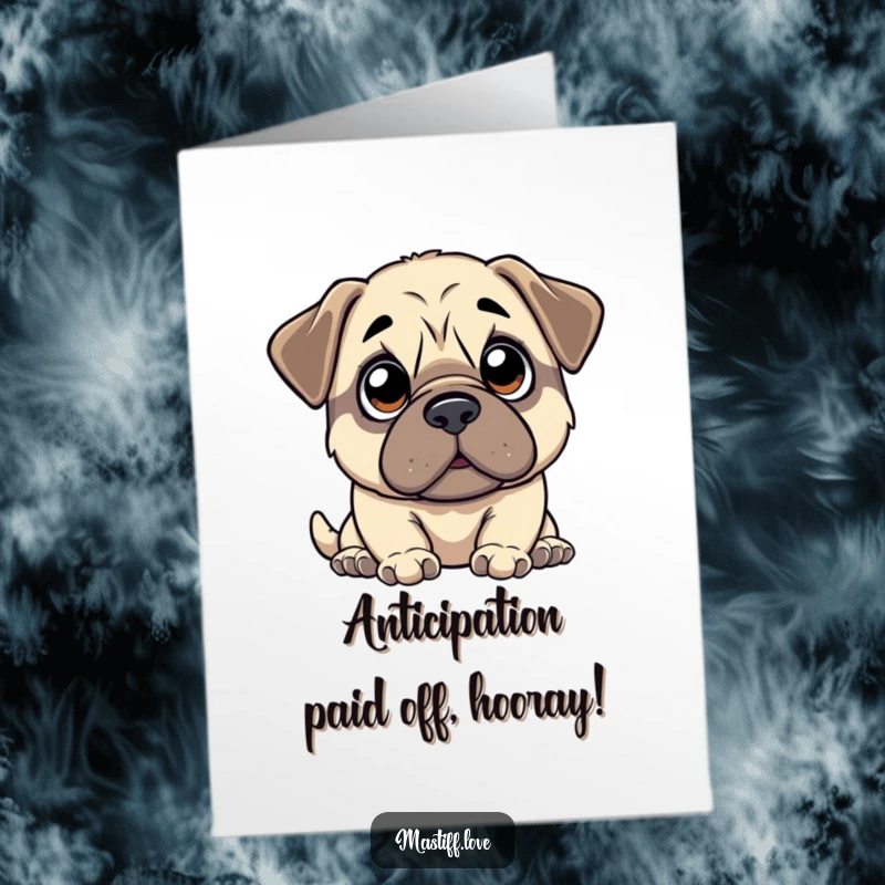 Funny Free Printable Kawaii Mastiff Congratulations Card: A cute mastiff with innocent eyes looks up hopefully, celebrating achievement with a downloadable touch.