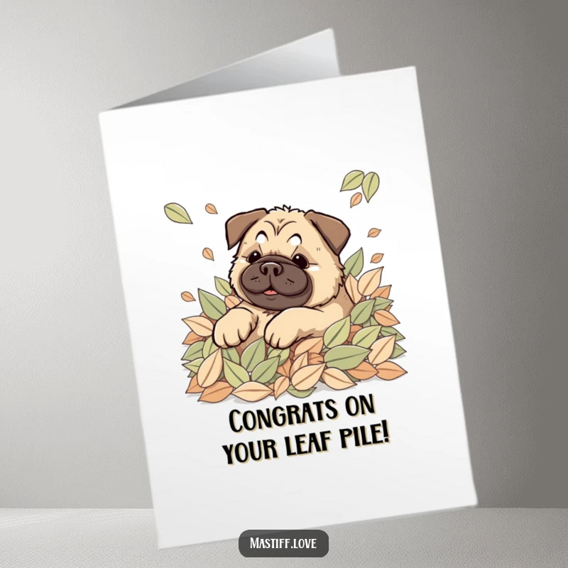 Funny Free Printable Autumn Mastiff Congratulations Card: A cute mastiff joyfully rolling in a big pile of leaves.