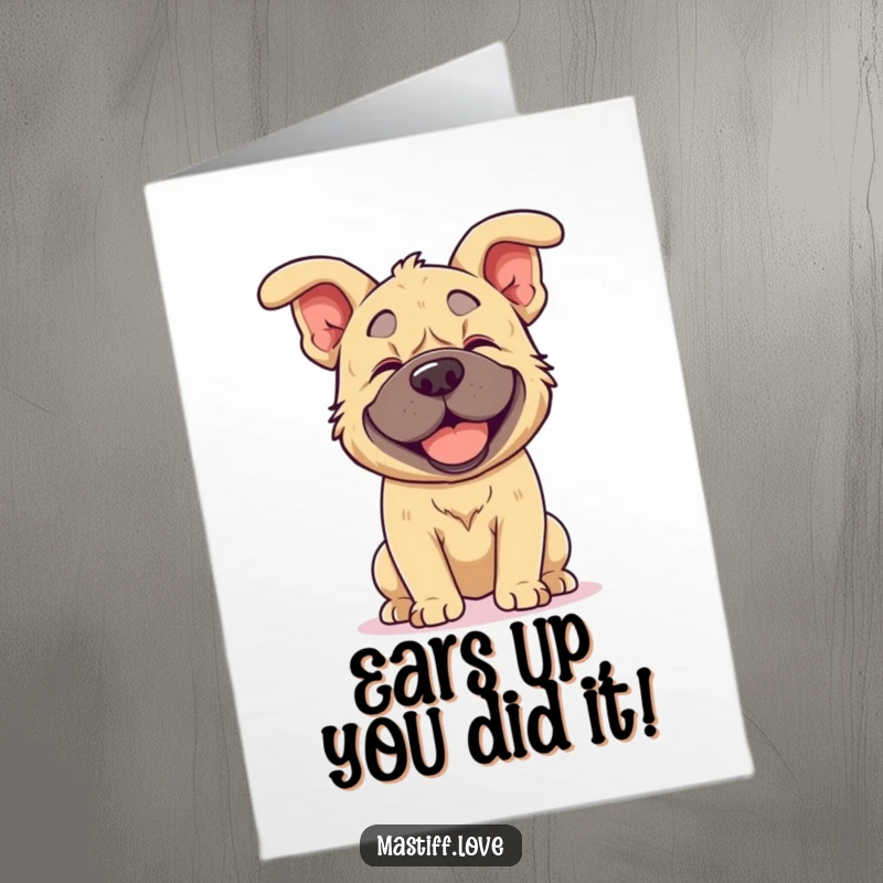 Funny Free Printable Kawaii Mastiff Congratulations Card: A cute mastiff shakes its head, ears flying, celebrating success with a downloadable touch.