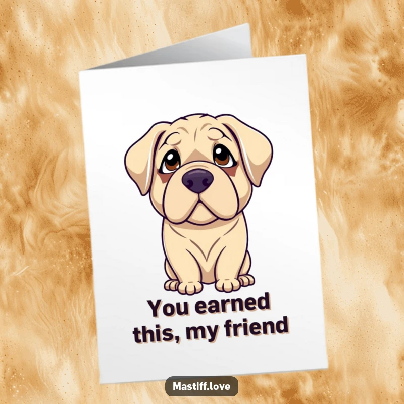 Funny Free Printable Congrats Card: A gentle mastiff with droopy eyes looking up with deep adoration, celebrating success.