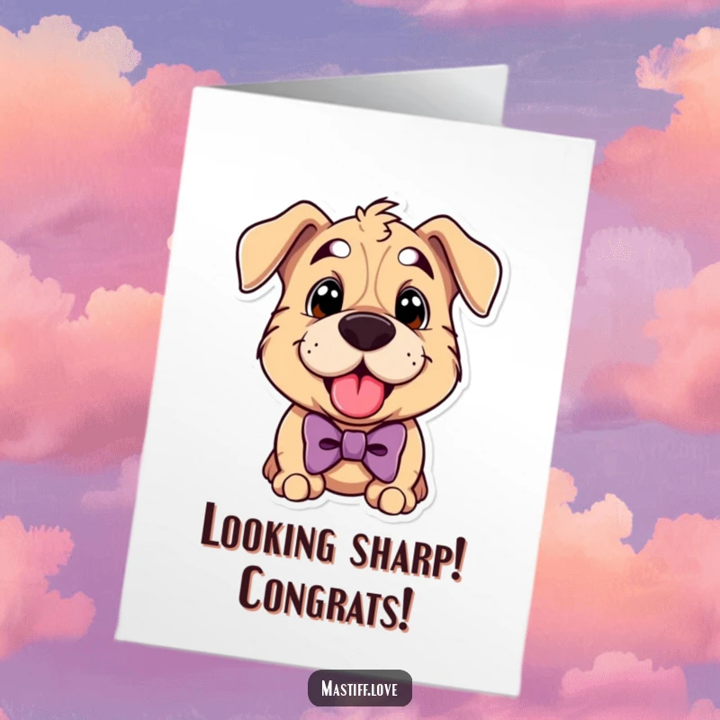 Funny Free Printable Congrats Card: Playful Mastiff in Bowtie Panting Happily for Congratulations