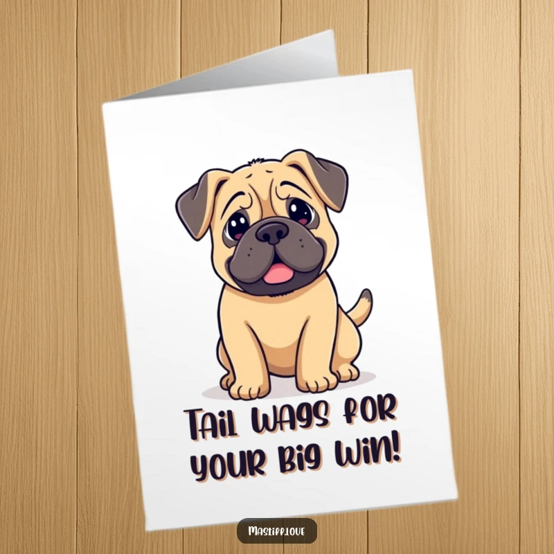 Funny Free Printable Congratulations Card: Kawaii mastiff with floppy ears, tail going wild with happiness, celebrating your big news.