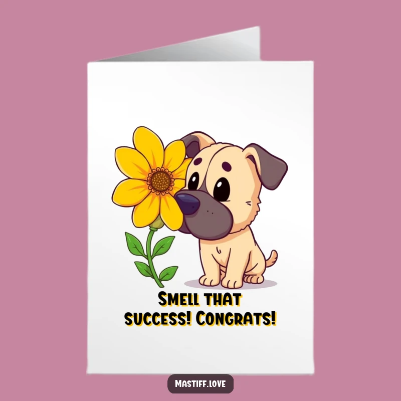 Free Printable Congrats Card: Curious Mastiff Flower Sniff, Celebration Downloadable Gift