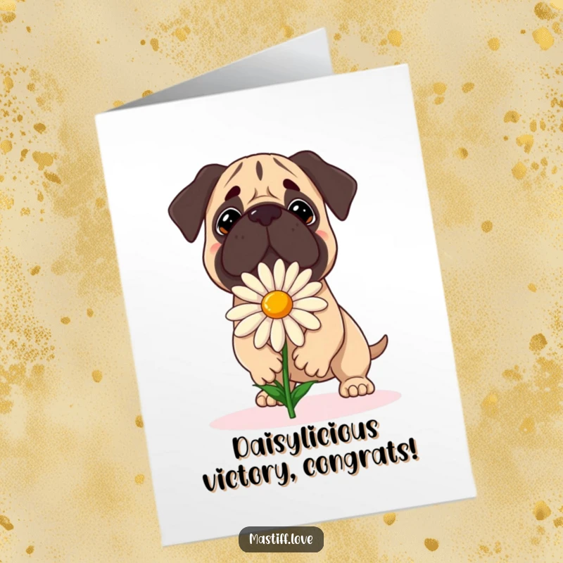 Funny Free Printable Congrats Card: A mastiff is focused on balancing a large daisy, looking endearingly clumsy.
