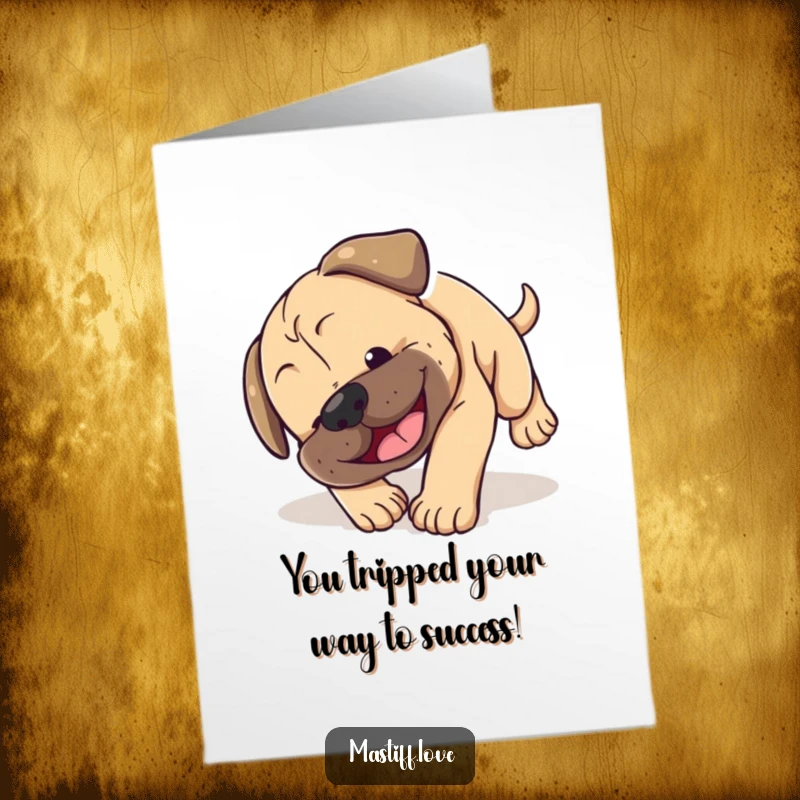 Funny Free Printable Congratulations Card: Mastiff puppy tumbling head over paws with a smile, celebrating a win with adorable chaos.