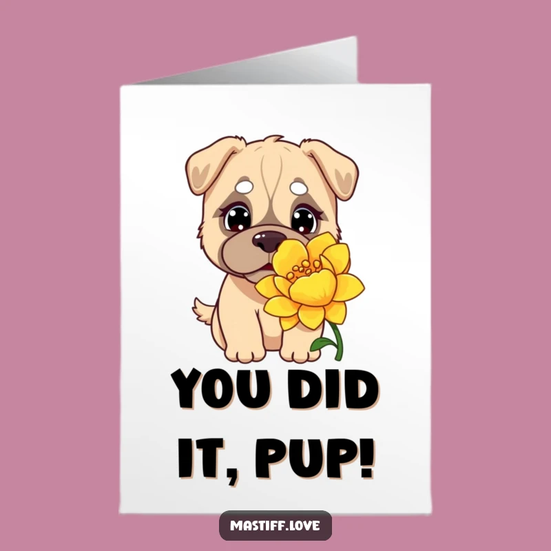 Free Printable Kawaii Mastiff Congratulations Card: Funny Flower Sniffing Surprise Downloadable