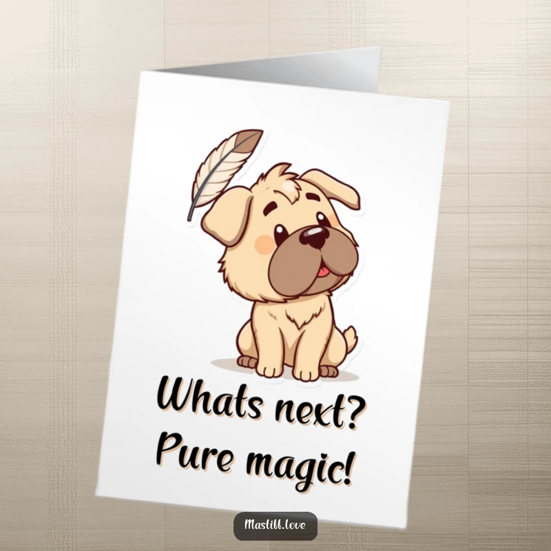 Funny Free Printable Congratulations Card: A curious mastiff tilts its head, observing a delicate floating feather.