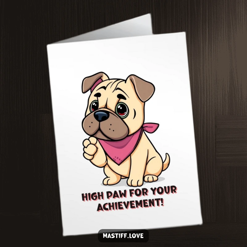 Funny Free Printable Congratulations Card: Kawaii mastiff wearing a bandana, politely offering its paw in congratulations, a sweet gesture.