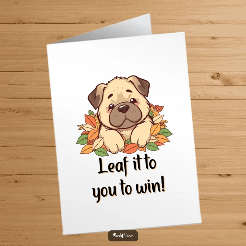 Funny free printable congratulations card featuring a kawaii mastiff peeking out comically from being buried in a large leaf pile.