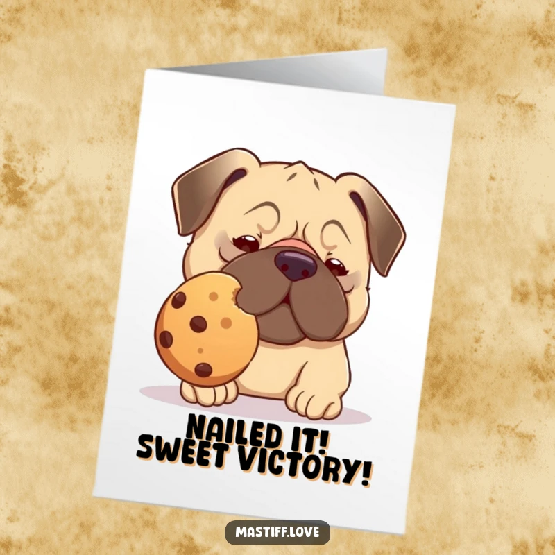 Funny Free Printable Congratulations Card: Kawaii mastiff focused on balancing a huge cookie on its nose, a delightful success announcement.