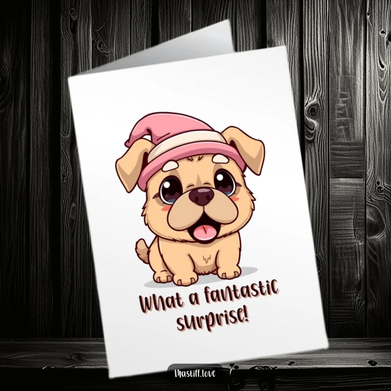 Funny free printable congratulations card showing a kawaii mastiff wearing a silly hat and looking comically surprised.