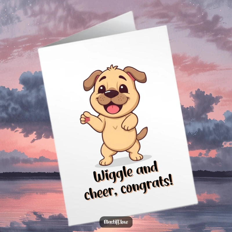 Funny Free Printable Congratulations Card: A happy mastiff doing a hilarious, energetic dance to celebrate a fantastic achievement.