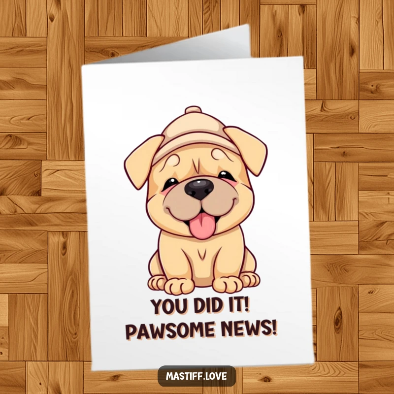 Funny Free Printable Congratulations Card: Smiling mastiff puppy in a small hat, offering an enthusiastic, gentle lick to celebrate your win.