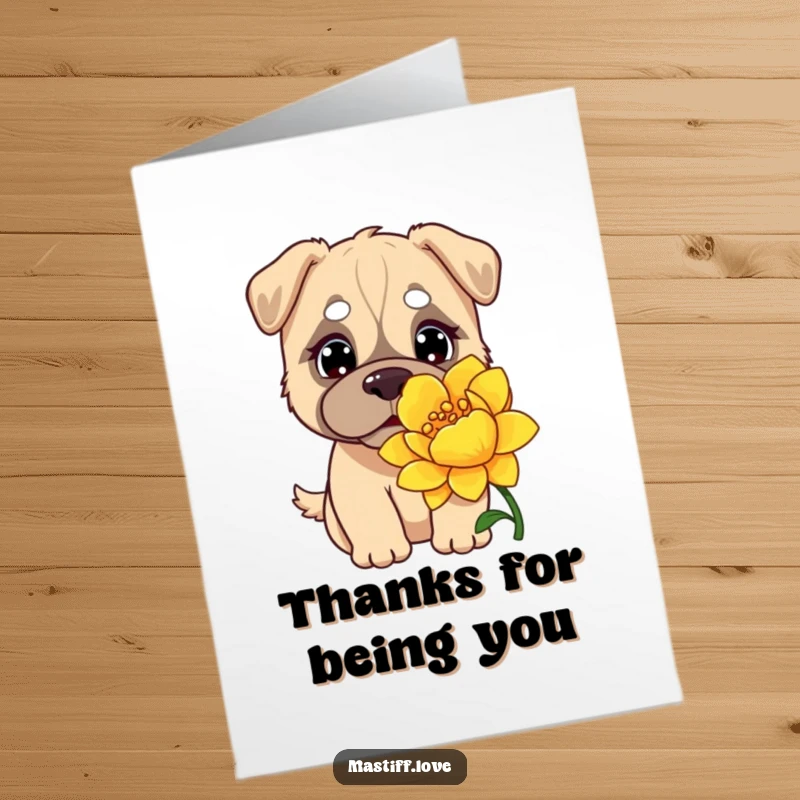 Adorable free printable thank you card of a kawaii mastiff with curious eyes sniffing a large, whimsical flower.