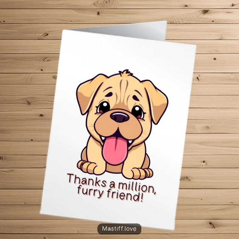 Funny Free Printable Thank You Card: Kawaii mastiff puppy panting big, tongue out, showing happy gratitude, DIY digital card.
