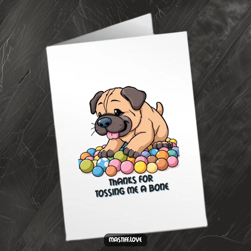 Funny Free Printable Thank You Card: An energetic mastiff joyfully digging in a pile of colorful balls. Grateful dog art.