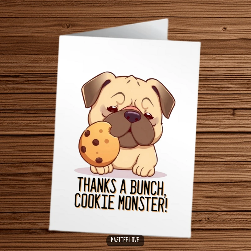 Funny Free Printable Thank You Card: Kawaii mastiff concentrating with a large cookie on its nose, a comical thank you message.