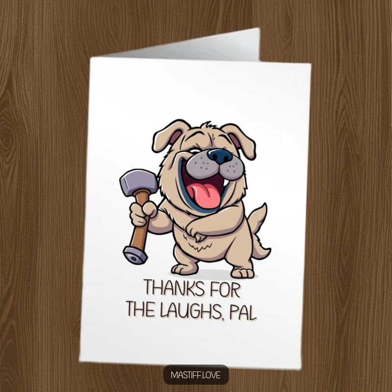 Funny Free Printable Thank You Card: A jovial mastiff roaring with laughter holding a giant squeaky hammer. Thankful dog humour.