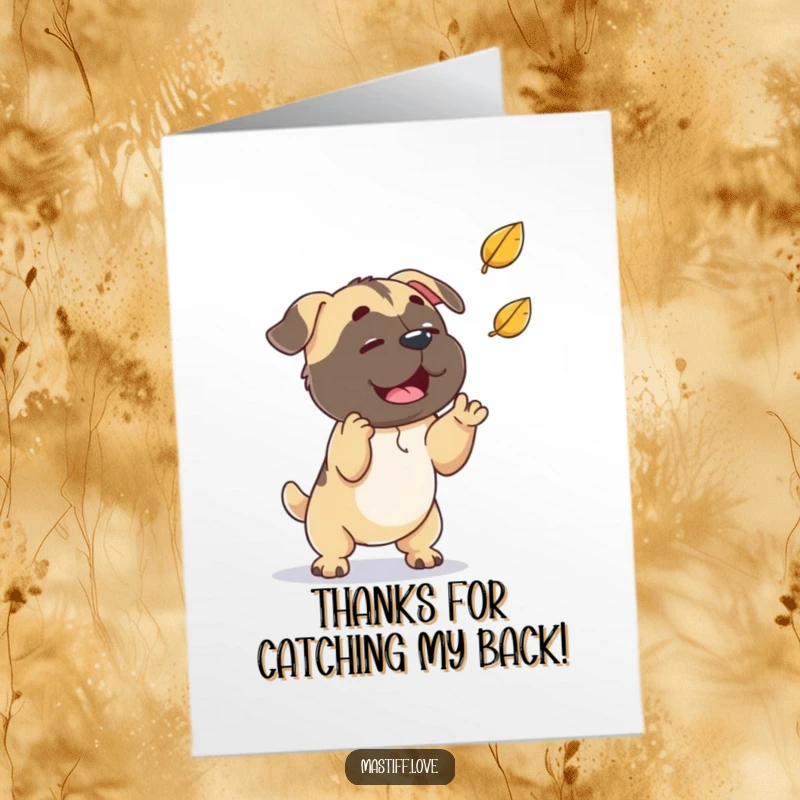 Funny Free Printable Thank You Card: A playful mastiff tries to catch a falling leaf, a charming way to say thanks. Download this card!