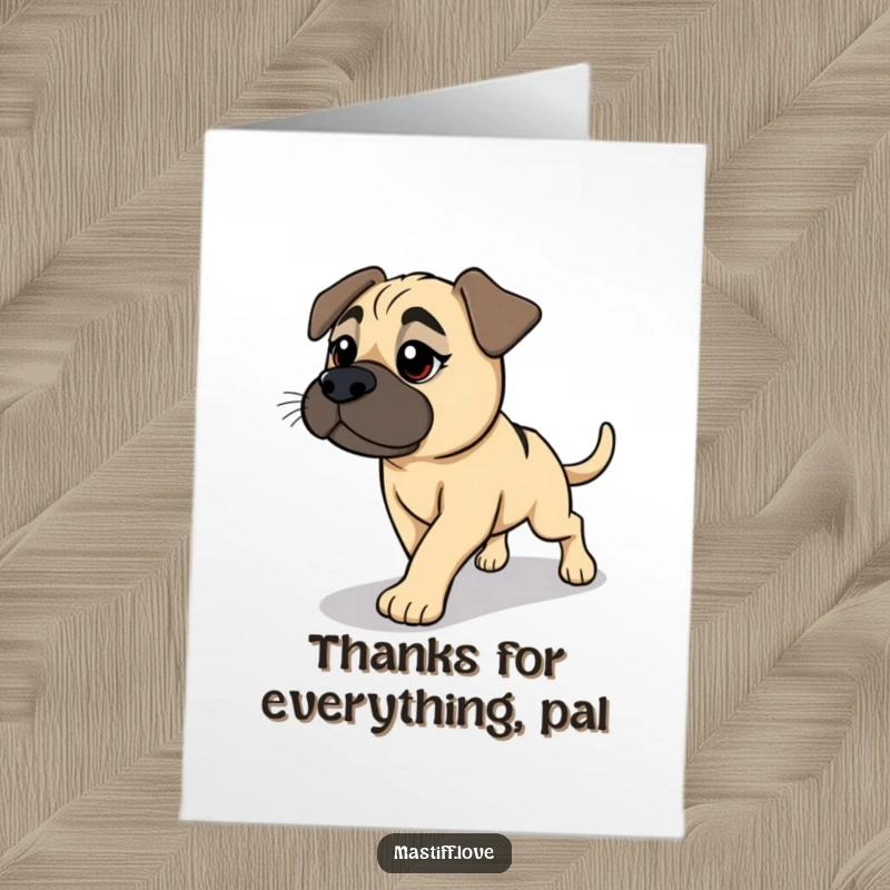 Funny Free Printable Thank You Card: Mastiff joyfully chases a fleeting shadow, looking determined and friendly.