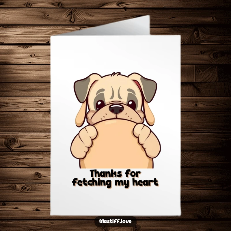 Funny free printable thank you card: Kawaii mastiff peeking with a giant dog toy, offering thanks.