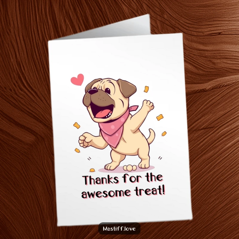 Funny Free Printable Thank You Card: An excited mastiff in a bandana jumps joyfully for a tasty treat.
