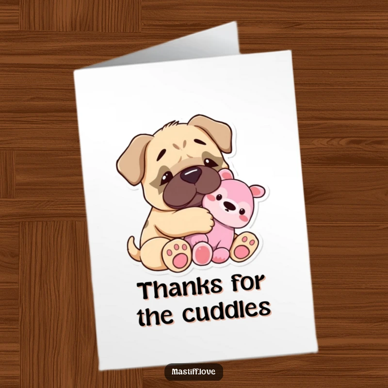 Funny Free Printable Thank You Card: A tiny mastiff happily snuggles with its plush toy, offering warm thanks.