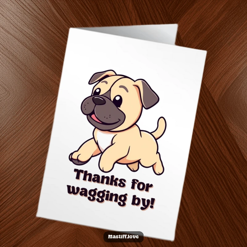 Funny free printable thank you card: a cute mastiff puppy leaping happily, tail a blur of motion.