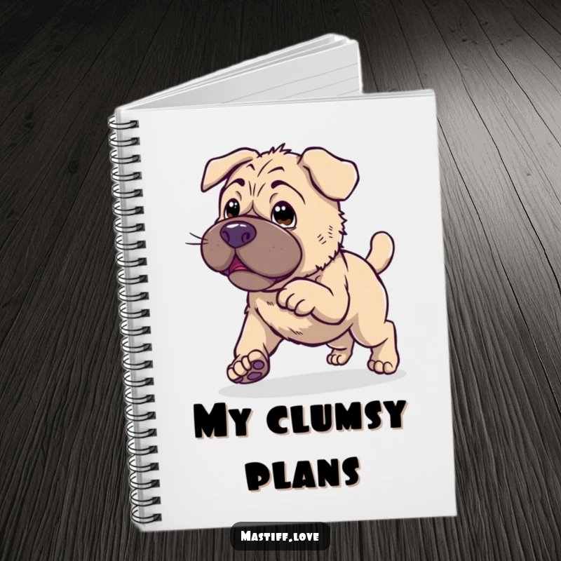 Clumsy Kawaii Mastiff Notebook with a cute dog endearingly trying to hop, perfect for notes and doodles.