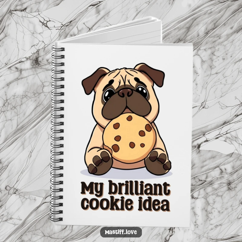 Funny kawaii mastiff notebook, a cute dog concentrating hard on balancing a big cookie on its nose, for writing.
