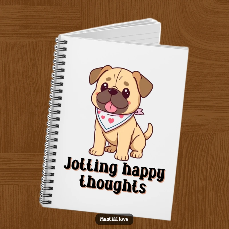 Funny kawaii mastiff notebook depicting a mastiff wearing a bandana and wagging its tail, ideal for notes and journals.