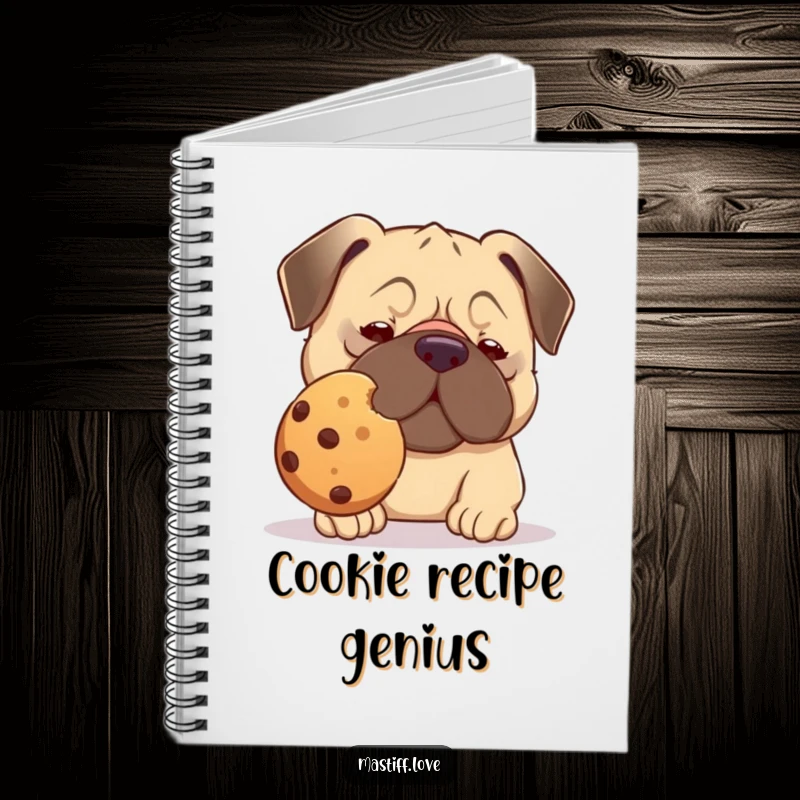 Funny kawaii mastiff notebook, featuring a cute dog balancing a giant cookie on its nose, perfect for notes.