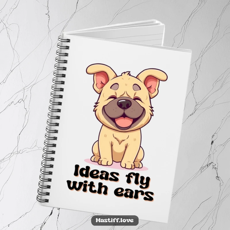 Funny kawaii mastiff notebook depicting a mastiff joyfully shaking its head, its floppy ears flying, ideal for notes and journals.