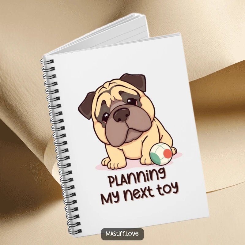 Funny kawaii mastiff notebook depicting a sweet-faced mastiff with oversized jowls gently nudging a ball, ideal for notes and lists.